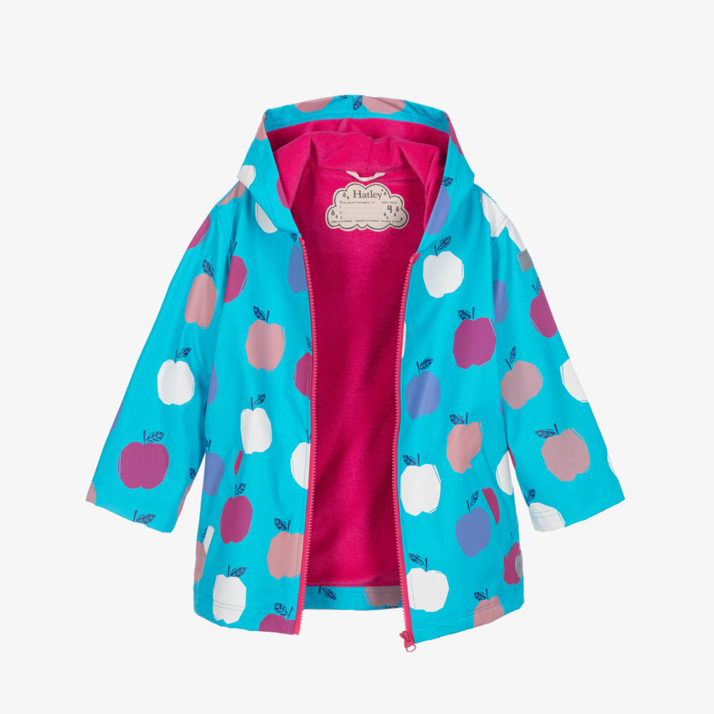 Hatley-Girls Turquoise Blue Colour Changing Apple Print Raincoat | Childrensalon