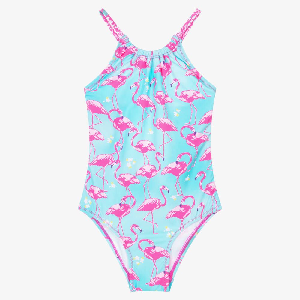 Hatley-Girls Turquoise Blue & Pink Flamingos Swimsuit (UPF50+) | Childrensalon
