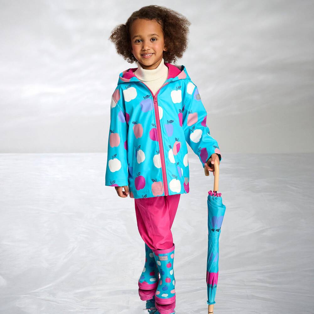Hatley-Girls Turquoise Colour Changing Apple Print Raincoat | Childrensalon