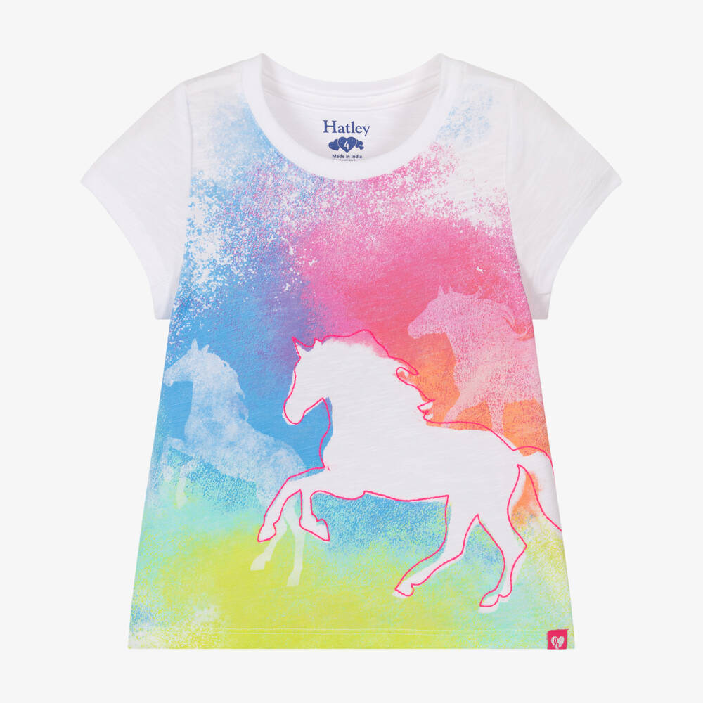Hatley-Girls White Cotton Colourful Horse T-Shirt | Childrensalon