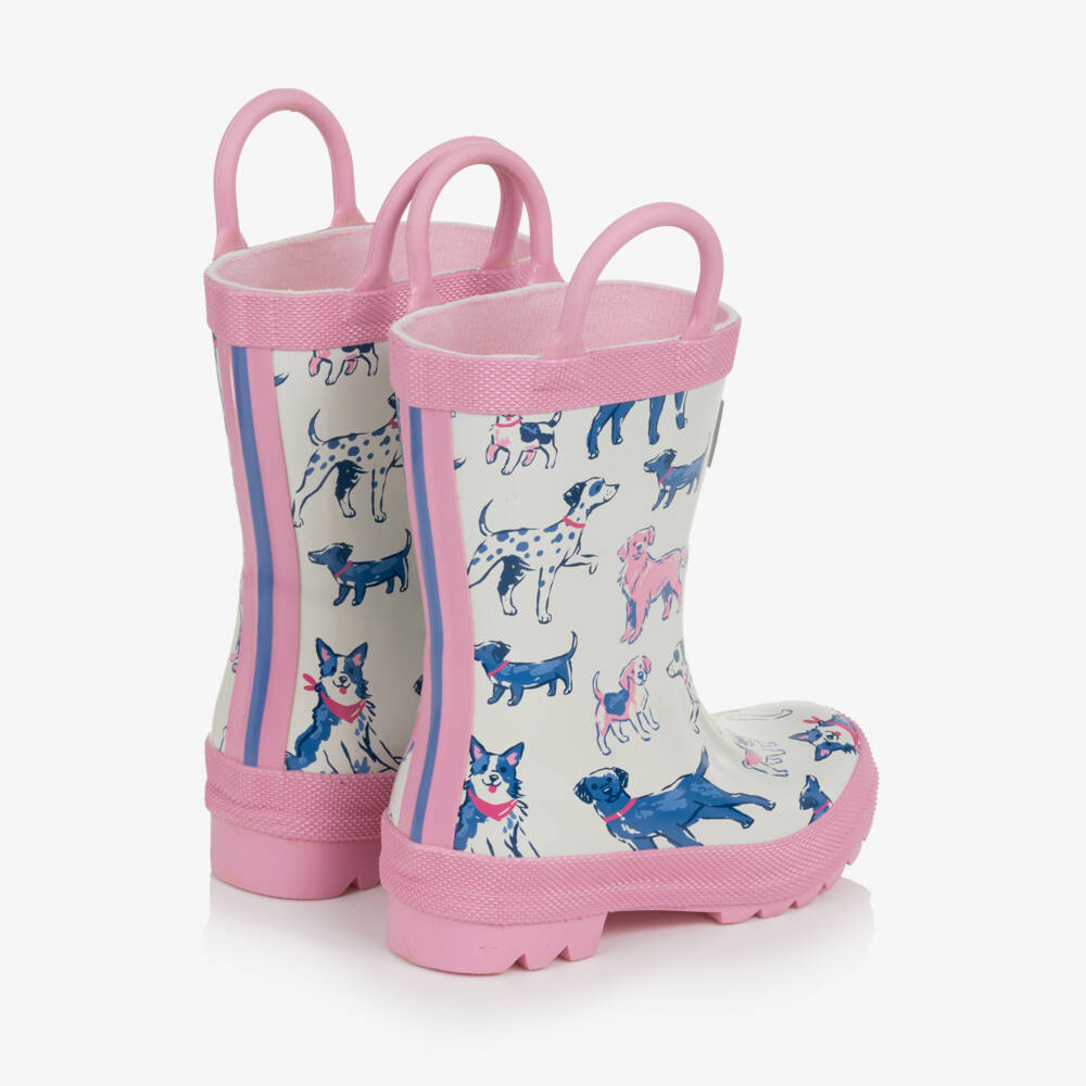 Hatley-Girls White & Pink Dog Print Rain Boots | Childrensalon