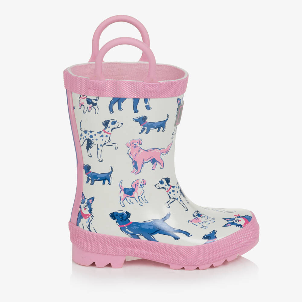 Hatley-Girls White & Pink Dog Print Rain Boots | Childrensalon