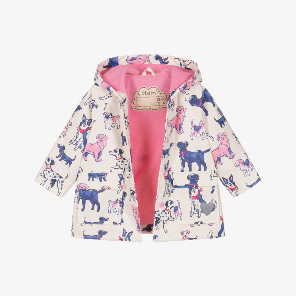Hatley-Girls White & Pink Dog Print Raincoat | Childrensalon