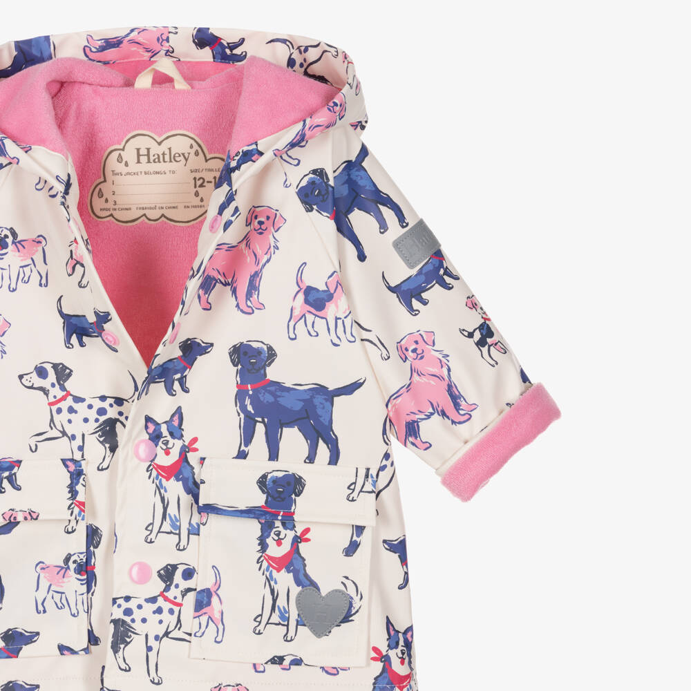 Hatley-Girls White & Pink Dog Print Raincoat | Childrensalon
