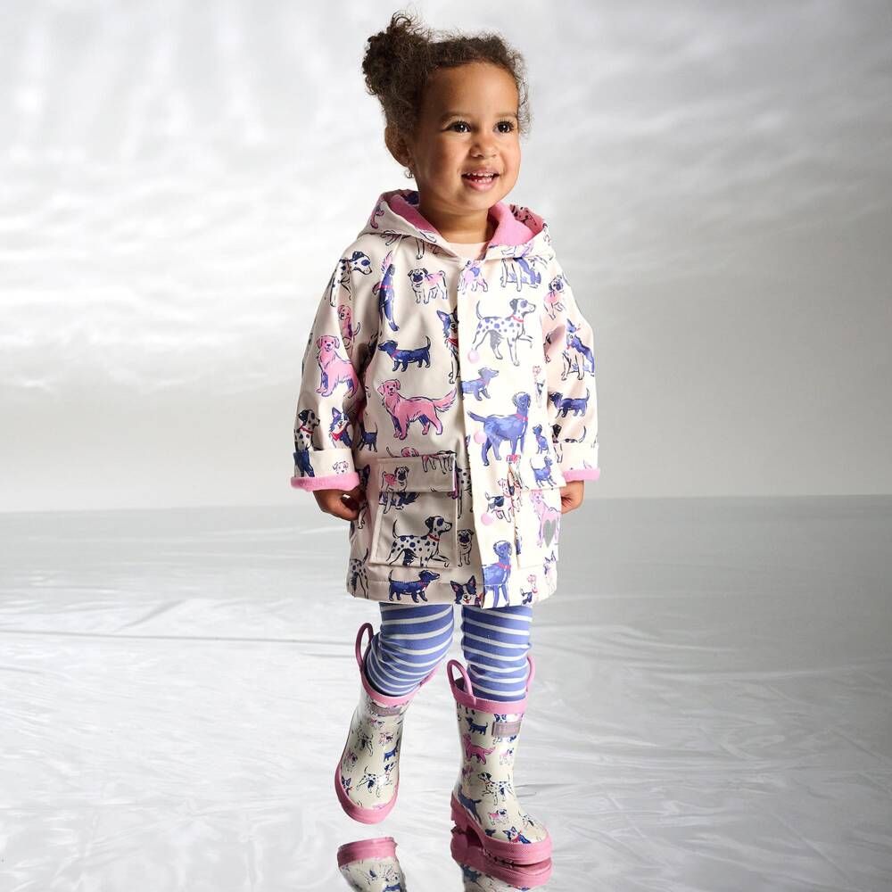 Hatley-Girls White & Pink Dog Print Raincoat | Childrensalon