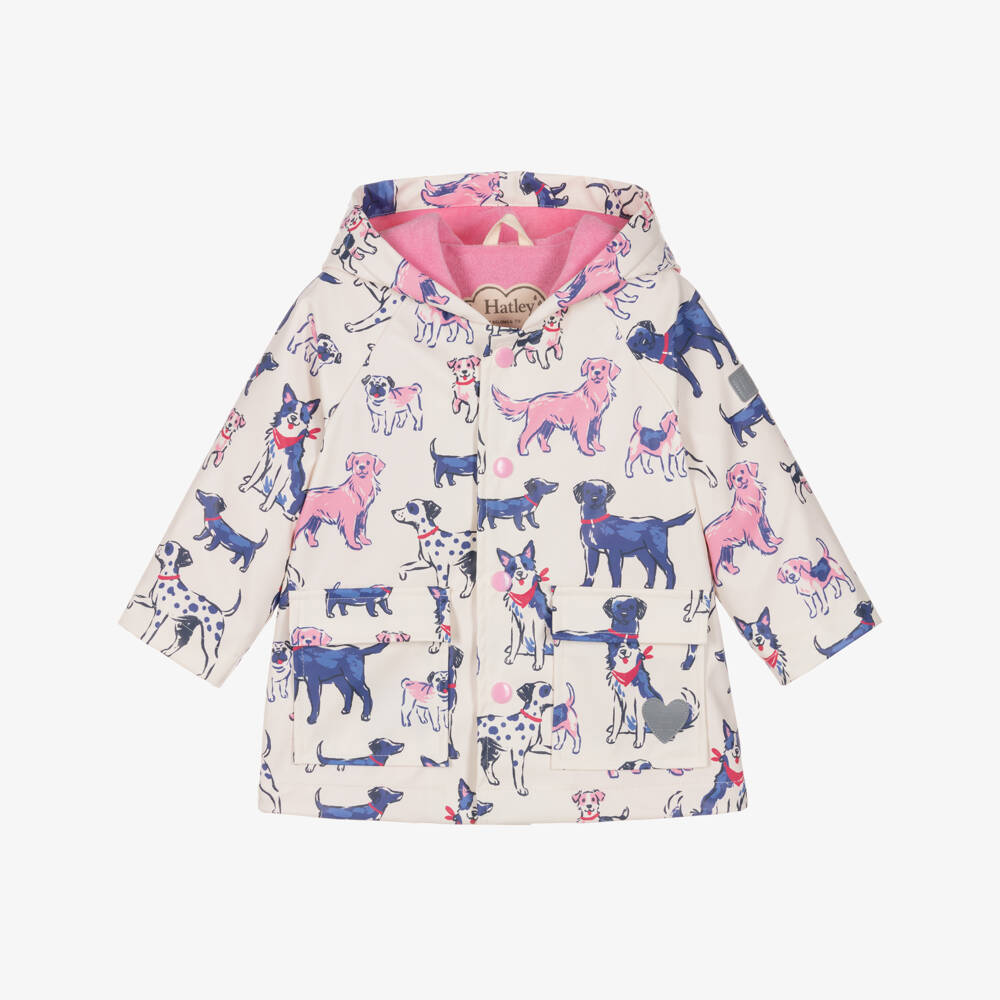 Hatley-Girls White & Pink Dog Print Raincoat | Childrensalon