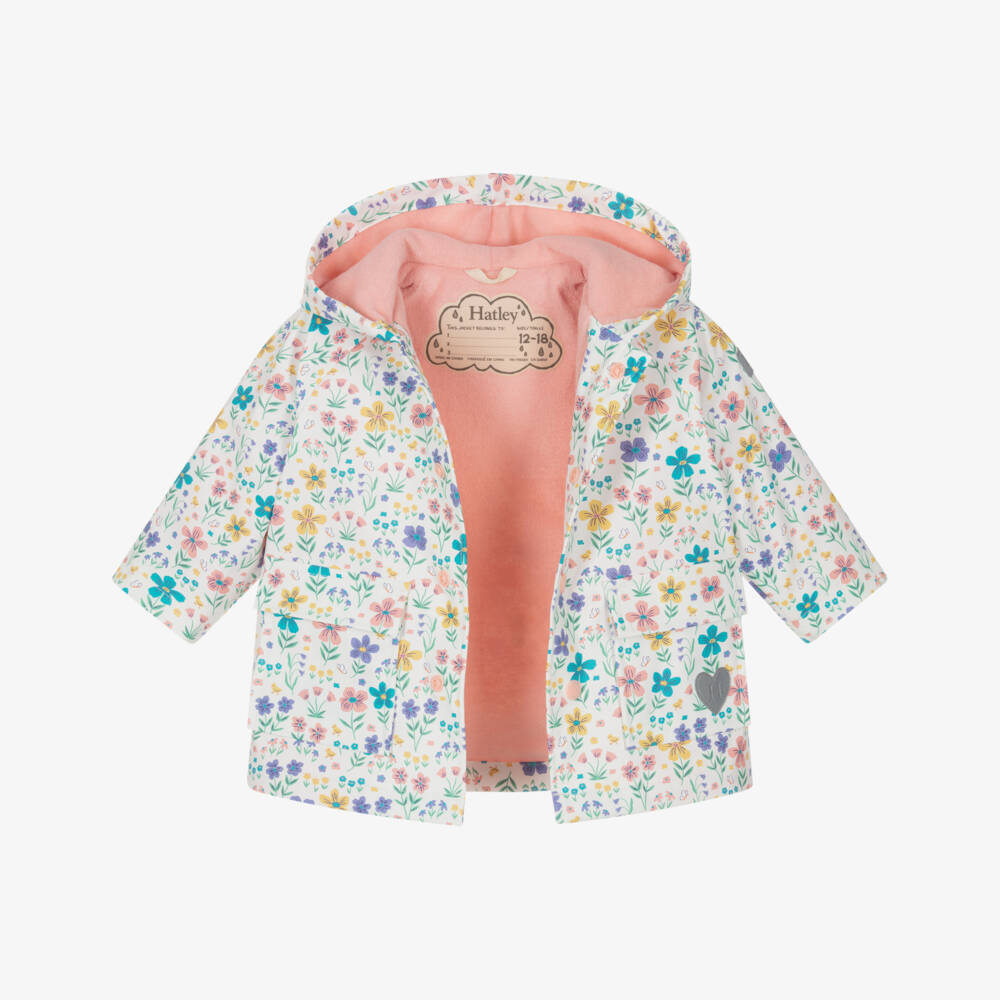 Hatley-Girls White & Pink Floral & Chick Print Raincoat | Childrensalon
