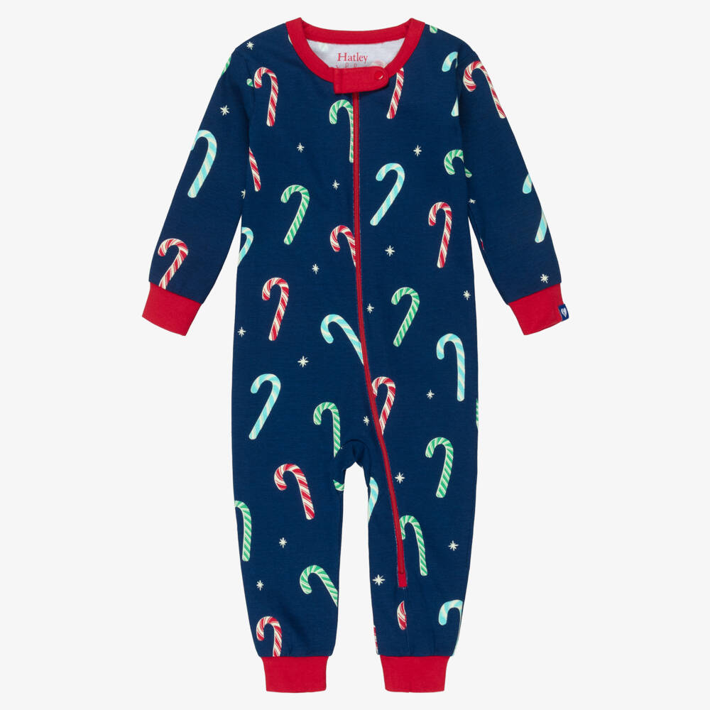 Hatley-Navy Blue Cotton Jersey Candy Cane Babysuit | Childrensalon