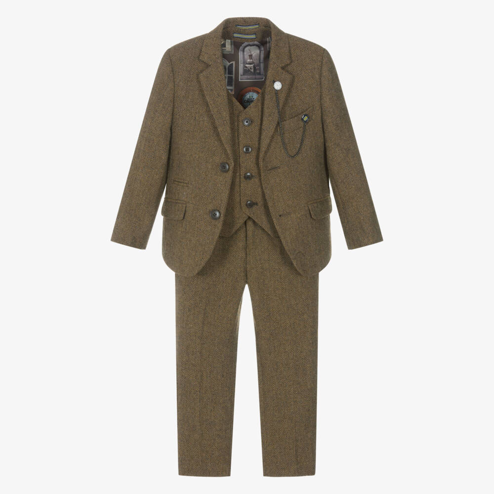 House of Cavani-Boys Brown Herringbone Tweed 3 Piece Suit  | Childrensalon