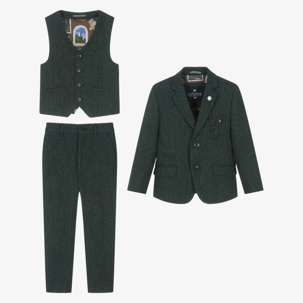 House of Cavani-Boys Olive Green Herringbone Tweed 3 Piece Suit | Childrensalon