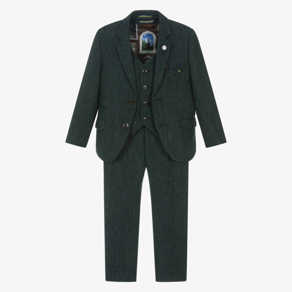 House of Cavani-Boys Olive Green Herringbone Tweed 3 Piece Suit  | Childrensalon