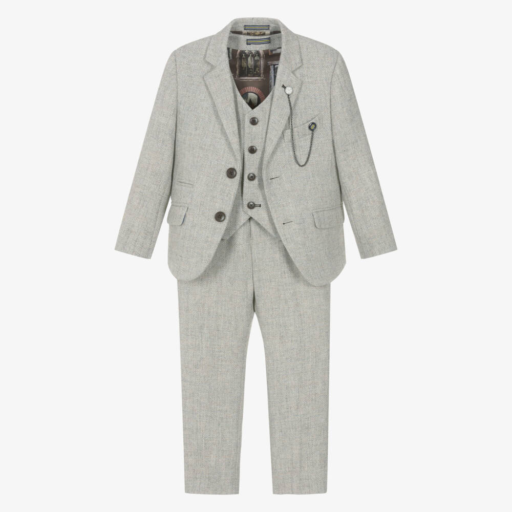 House of Cavani-Boys Pearl Grey Herringbone Tweed 3 Piece Suit  | Childrensalon
