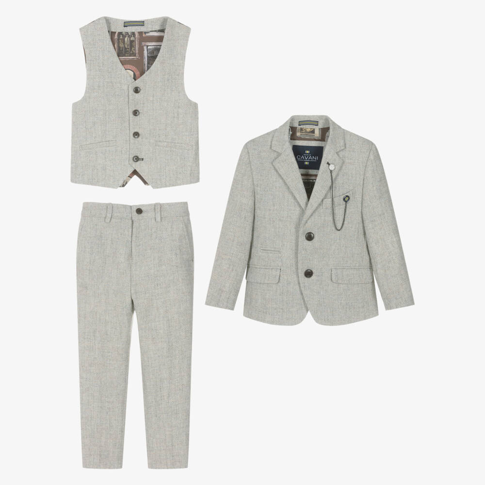 House of Cavani-Boys Pearl Grey Herringbone Tweed 3 Piece Suit | Childrensalon
