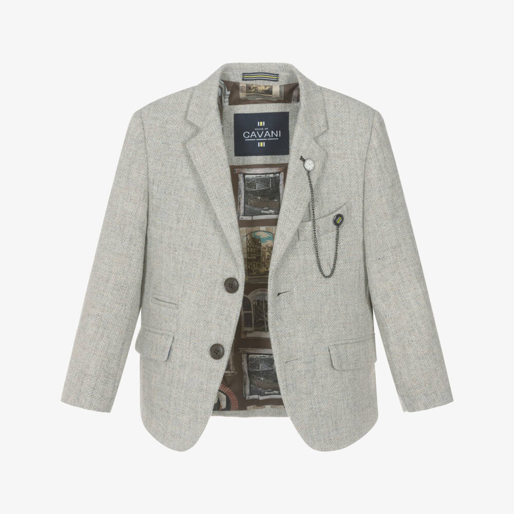 House of Cavani-Boys Pearl Grey Herringbone Tweed 3 Piece Suit | Childrensalon