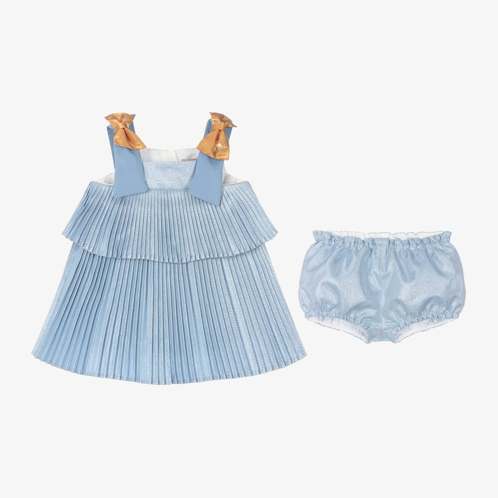 Hucklebones London-Baby Girls Glittery Blue Pleated Dress | Childrensalon