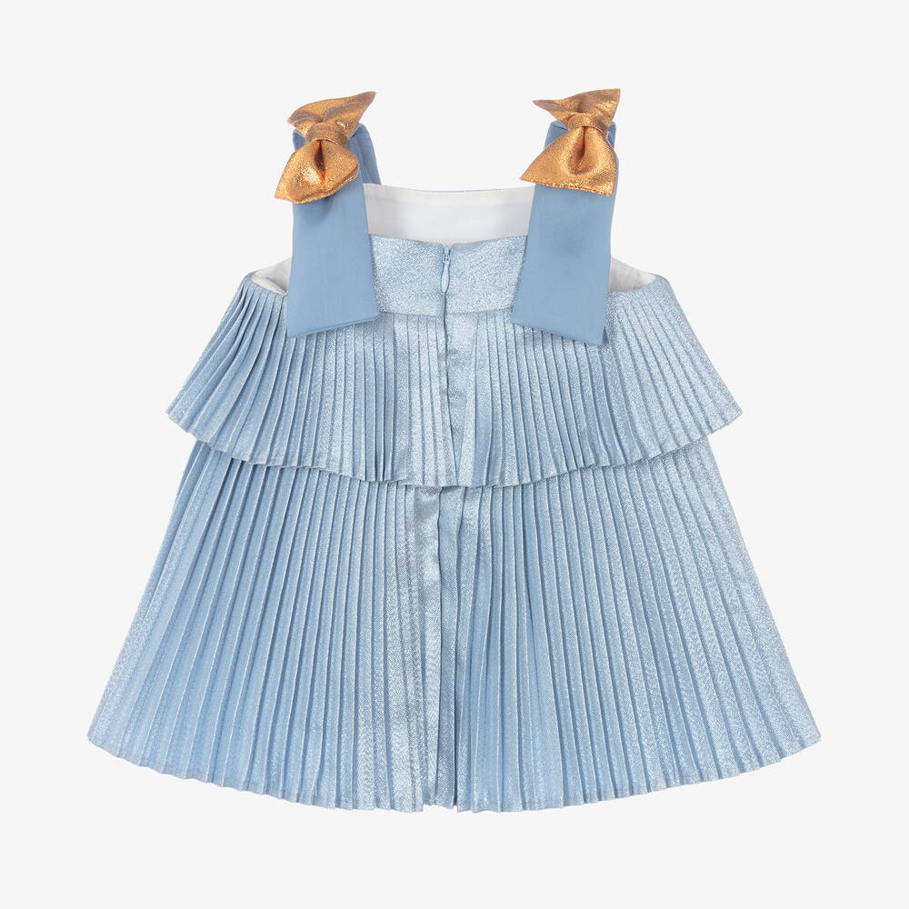 Hucklebones London-Baby Girls Glittery Blue Pleated Dress | Childrensalon