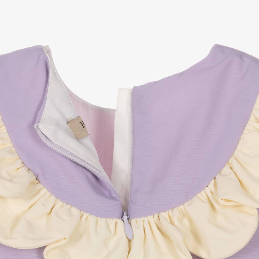 Hucklebones London-Baby Girls Lavender Dress with Ivory Ruffle Trim | Childrensalon