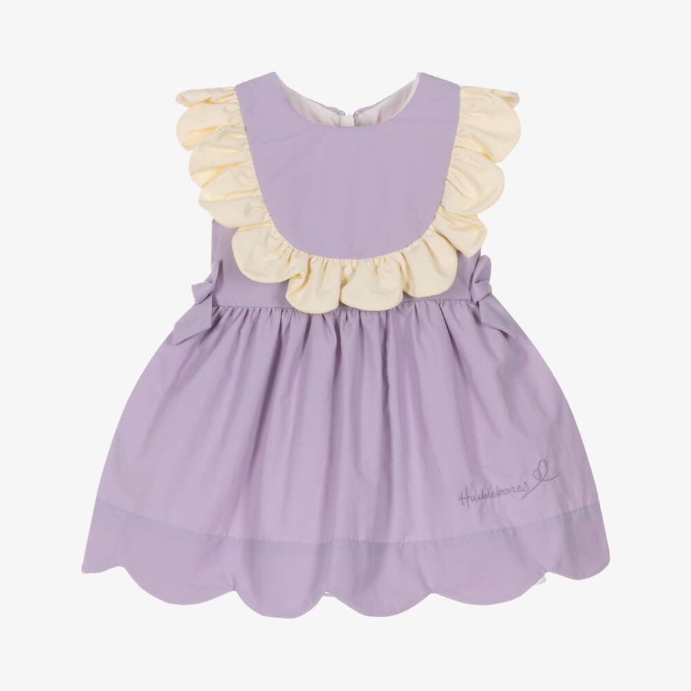 Hucklebones London-Baby Girls Lilac Purple Dress with Ivory Ruffle Trim | Childrensalon