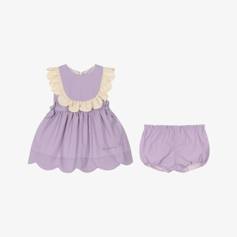 Hucklebones London-Baby Girls Lilac Purple Dress with Ivory Ruffle Trim | Childrensalon
