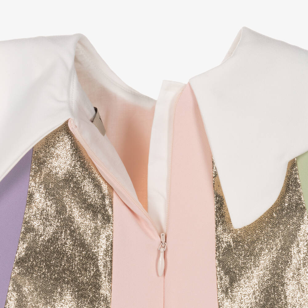 Hucklebones London-Baby Girls Pink & Gold Metallic Stripe Crêpe Dress | Childrensalon