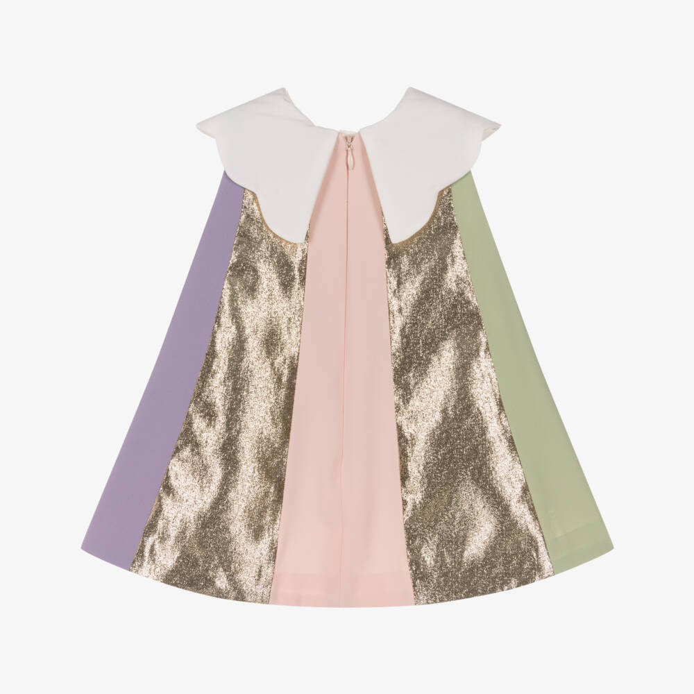 Hucklebones London-Baby Girls Pink & Gold Metallic Stripe Crêpe Dress | Childrensalon