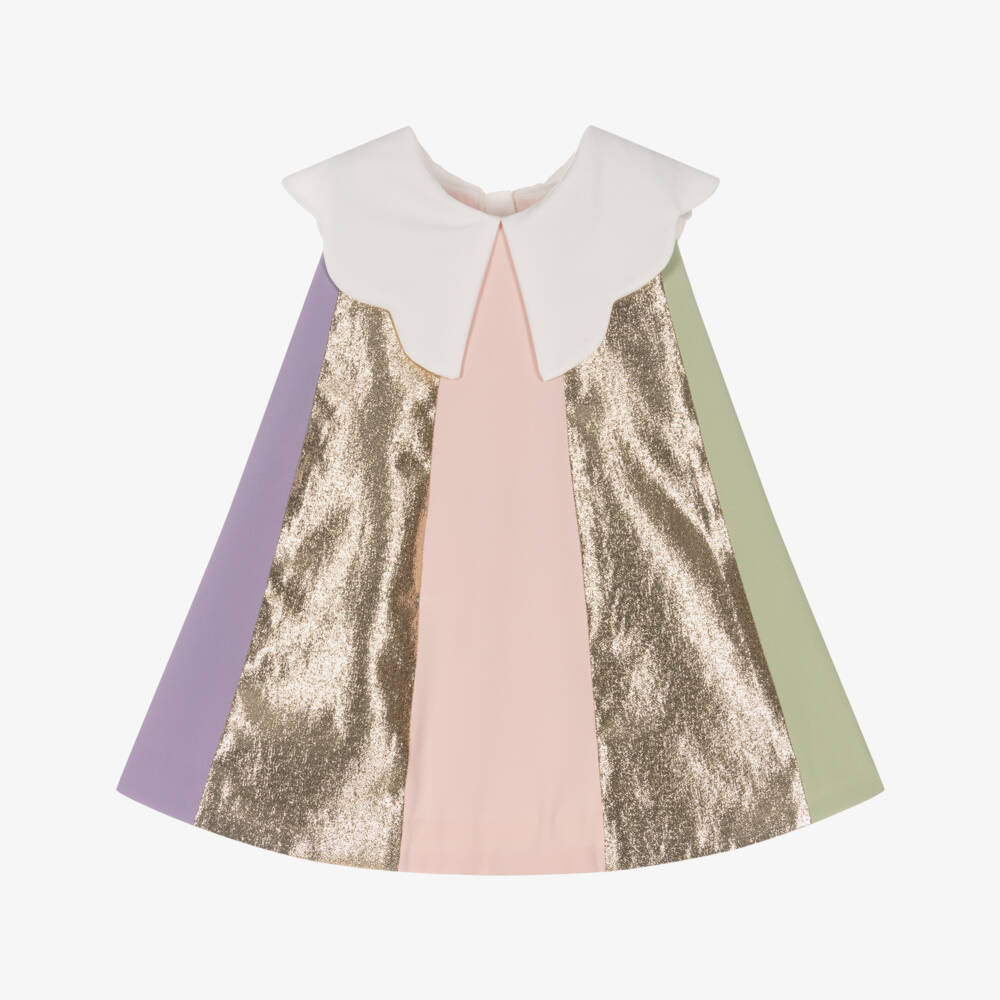 Hucklebones London-Baby Girls Pink & Gold Metallic Stripe Crêpe Dress | Childrensalon