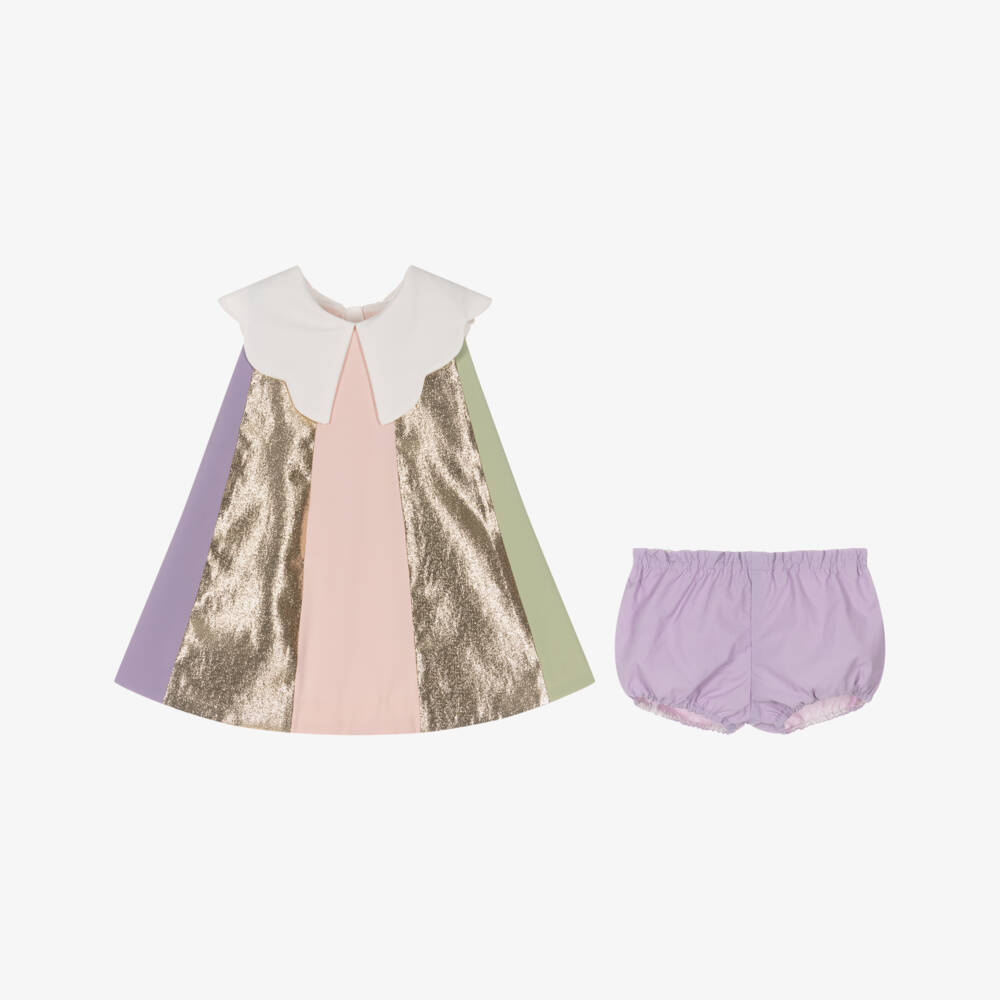 Hucklebones London-Baby Girls Pink & Gold Metallic Stripe Crêpe Dress | Childrensalon