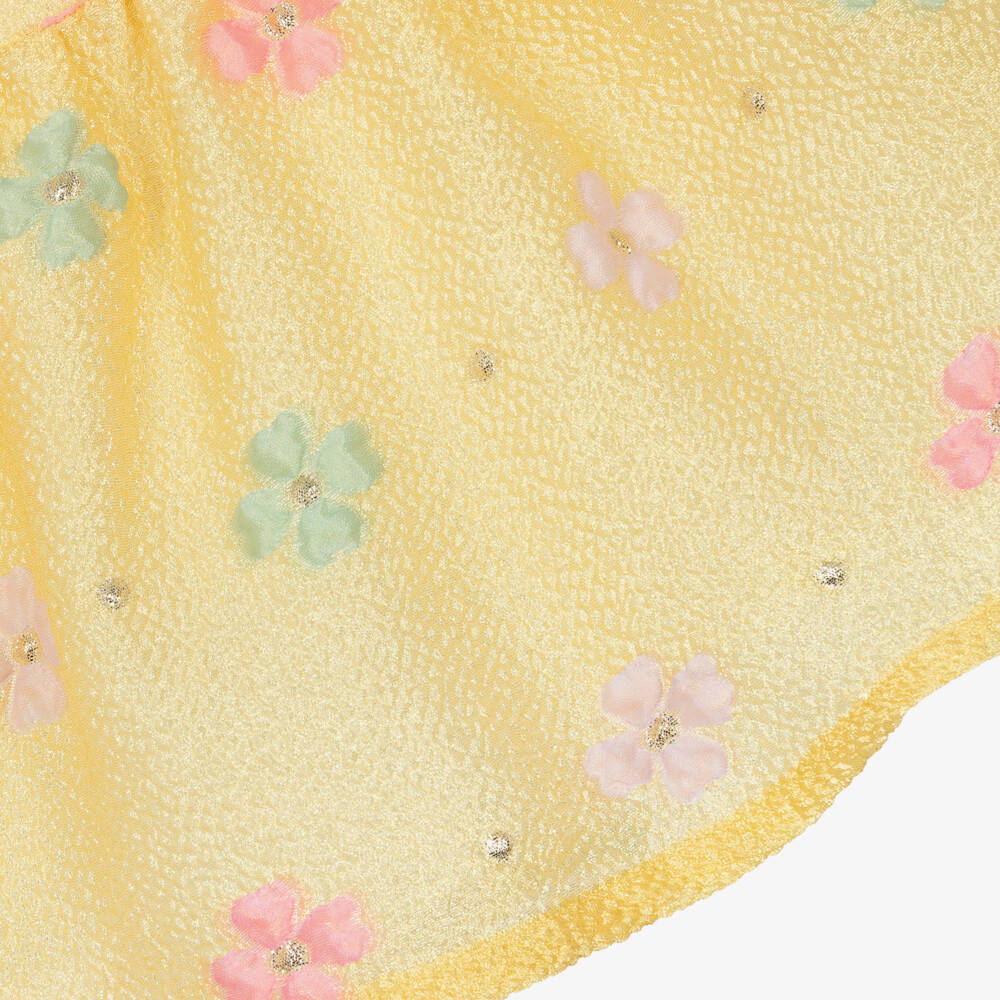 Hucklebones London-Платье жёлтое жаккардовое с цветами и бантом для малышек | Childrensalon