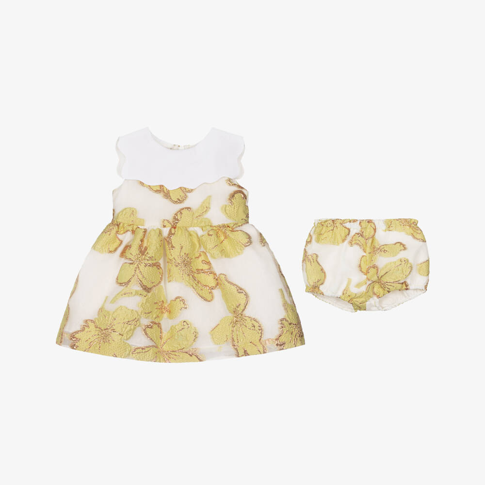 Hucklebones London-Baby Girls Yellow & Gold Jacquard Floral Dress | Childrensalon