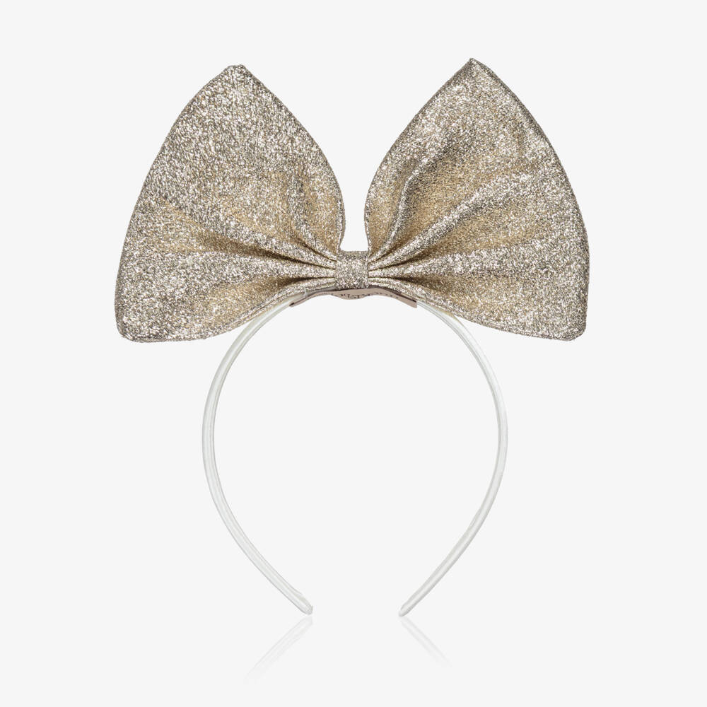 Hucklebones London-Girls Glittery Gold Bow Hairband | Childrensalon