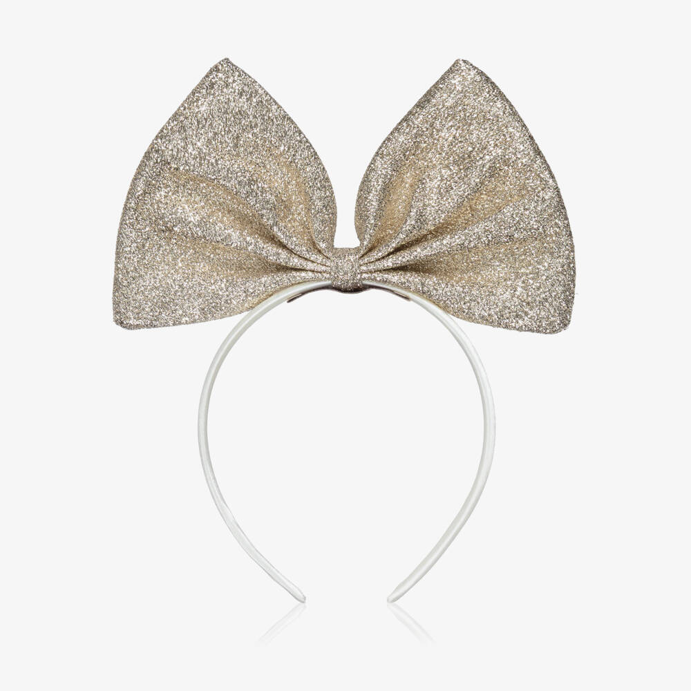 Hucklebones London-Girls Glittery Gold Bow Hairband | Childrensalon