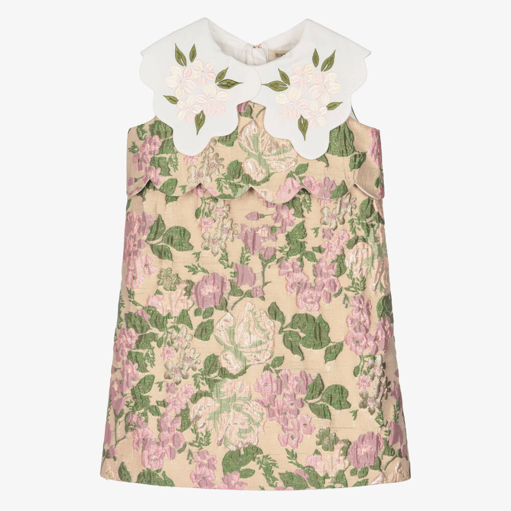 Hucklebones London-Girls Gold & Pink Floral Jacquard Dress with Contrast Collar | Childrensalon