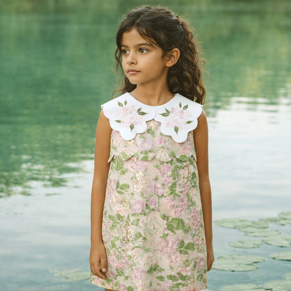 Hucklebones London-Girls Gold & Pink Floral Jacquard Dress with Contrast Collar | Childrensalon