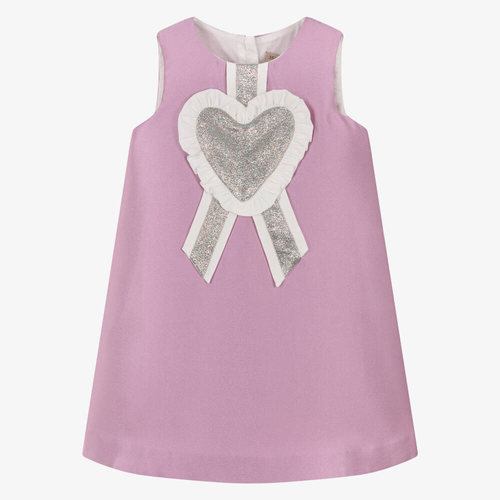 Hucklebones London-Girls Lavender Satin Dress with Glittery Heart  | Childrensalon