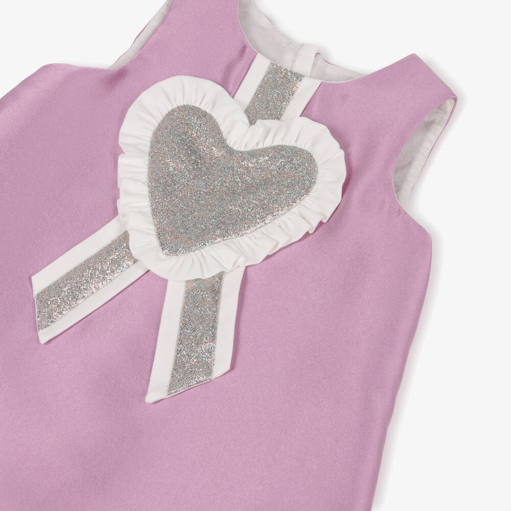 Hucklebones London-Girls Lavender Satin Dress with Glittery Heart | Childrensalon