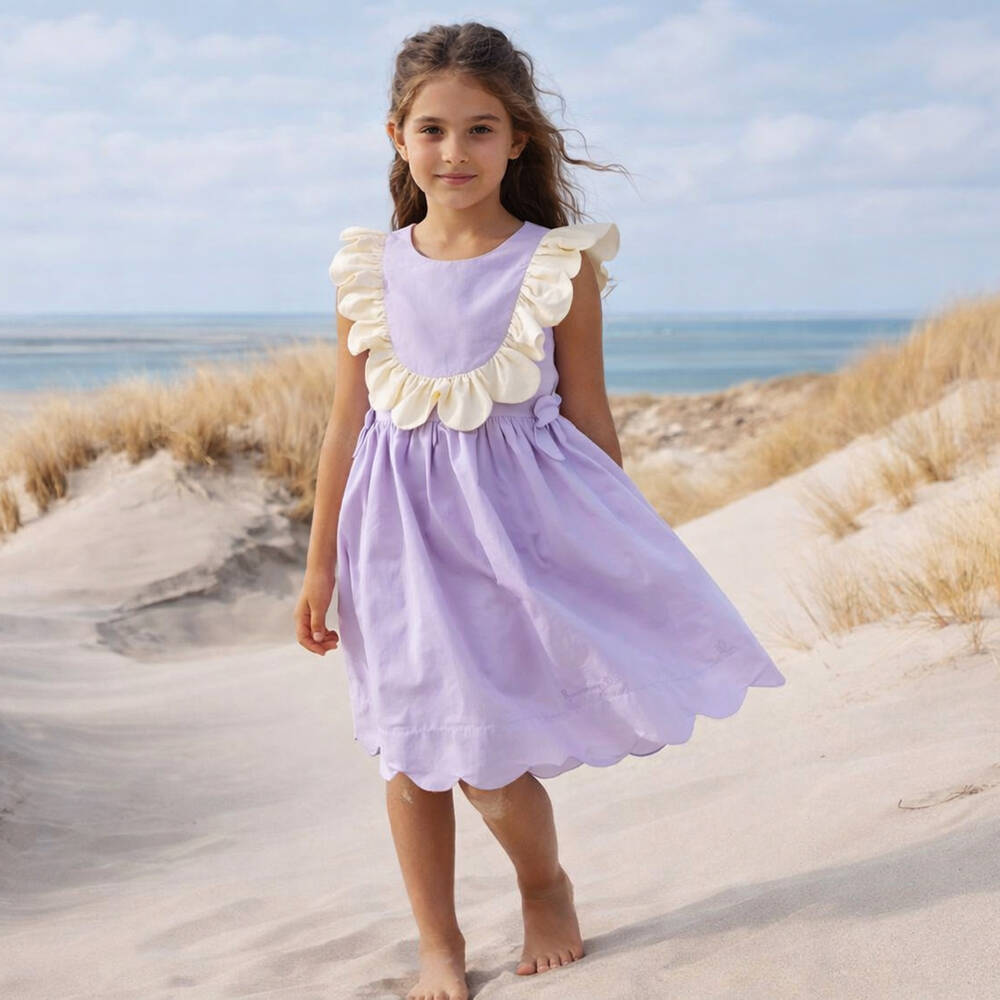 Hucklebones London-Girls Lavender Sleeveless Dress with Ivory Ruffle Trim | Childrensalon