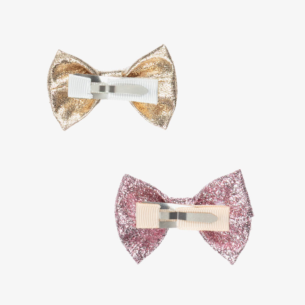 Hucklebones London-Girls Pink & Gold Bow Hair Clips (2 Pack) | Childrensalon