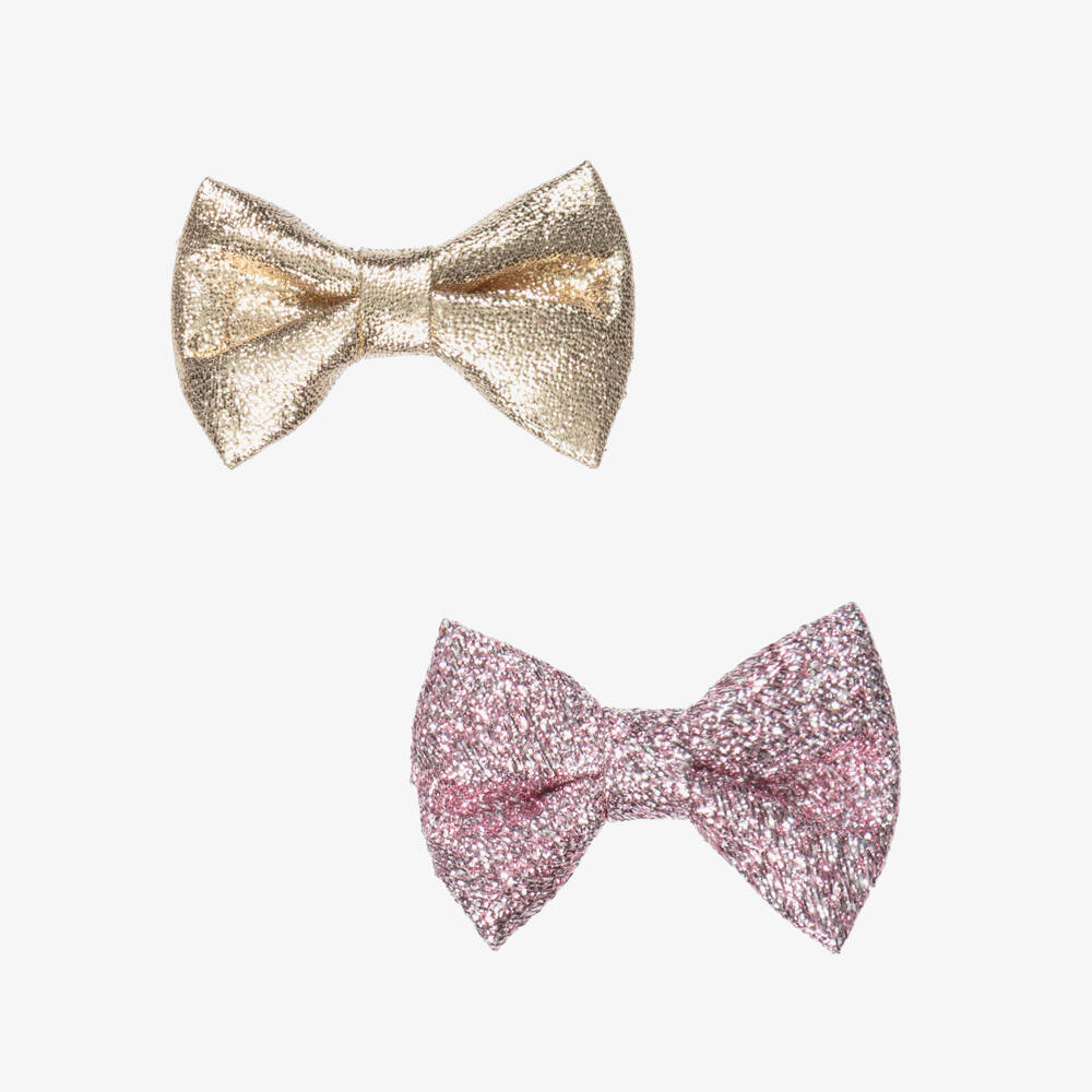 Hucklebones London-Girls Pink & Gold Bow Hair Clips (2 Pack) | Childrensalon