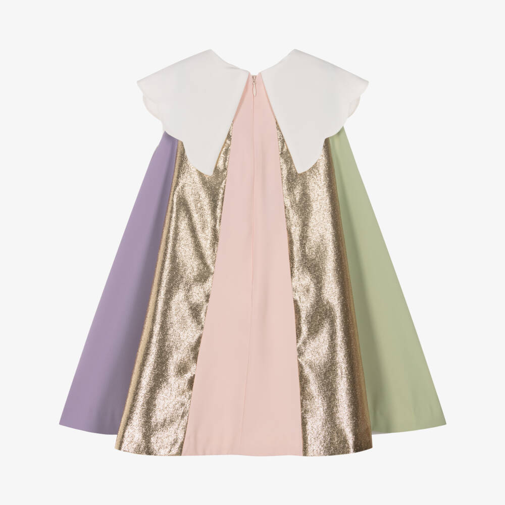 Hucklebones London-Girls Pink & Gold Metallic Stripe Crêpe Dress | Childrensalon