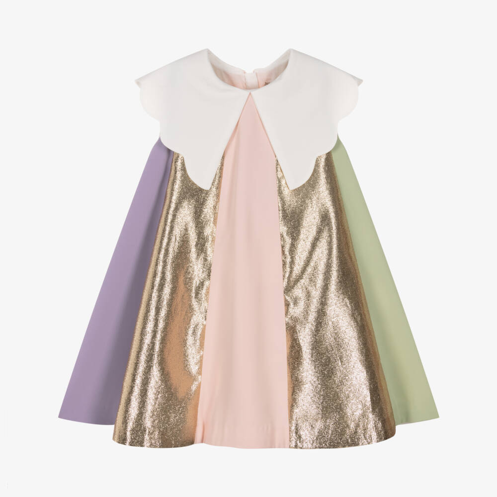 Hucklebones London-Girls Pink & Gold Metallic Stripe Crêpe Dress | Childrensalon