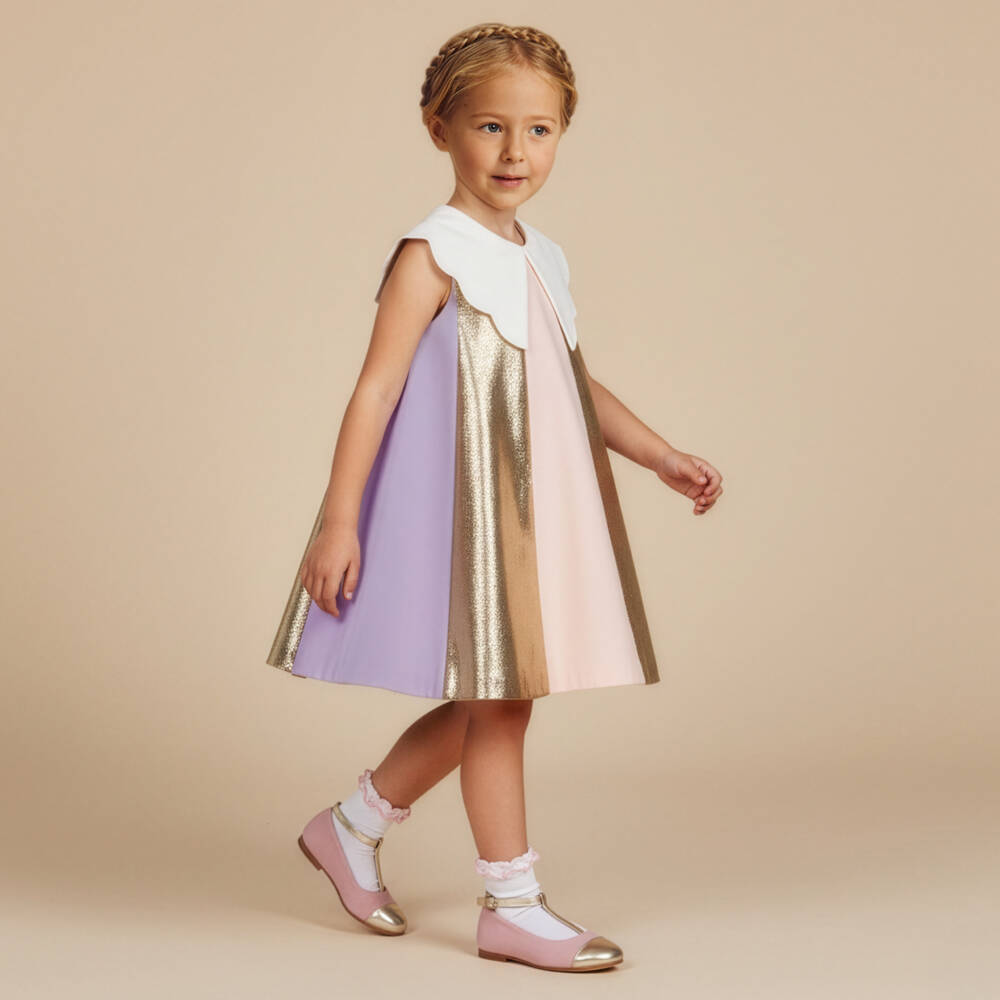 Hucklebones London-Платье из крепа розово-золотое в полоску для девочек | Childrensalon