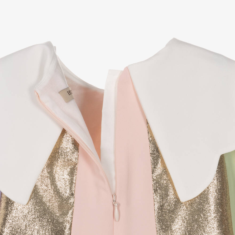 Hucklebones London-Girls Pink & Gold Metallic Stripe Crêpe Dress | Childrensalon