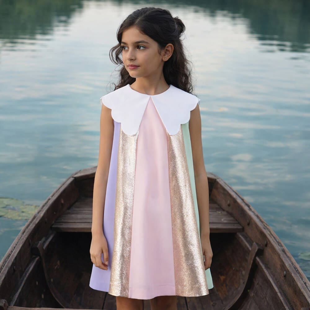 Hucklebones London-فستان كريب مقلم لون زهري وذهبي للبنات | Childrensalon