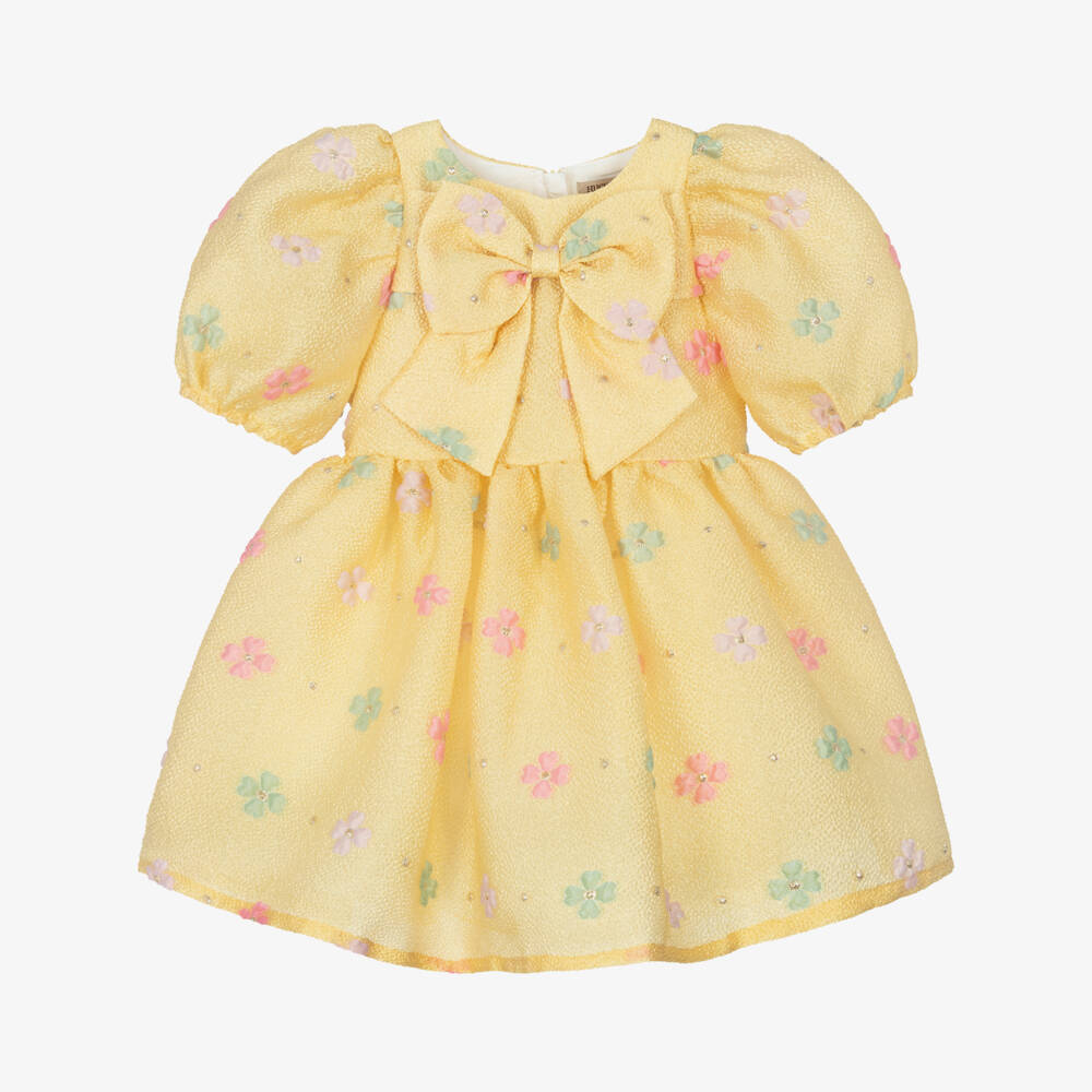 Hucklebones London-فستان جاكار مزين بوردة وفيونكة لون أصفر للبنات | Childrensalon