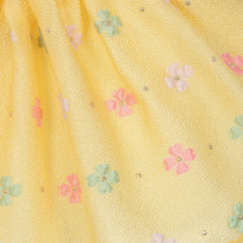 Hucklebones London-Платье с бантом желтое цветочное жаккардовое для девочек | Childrensalon