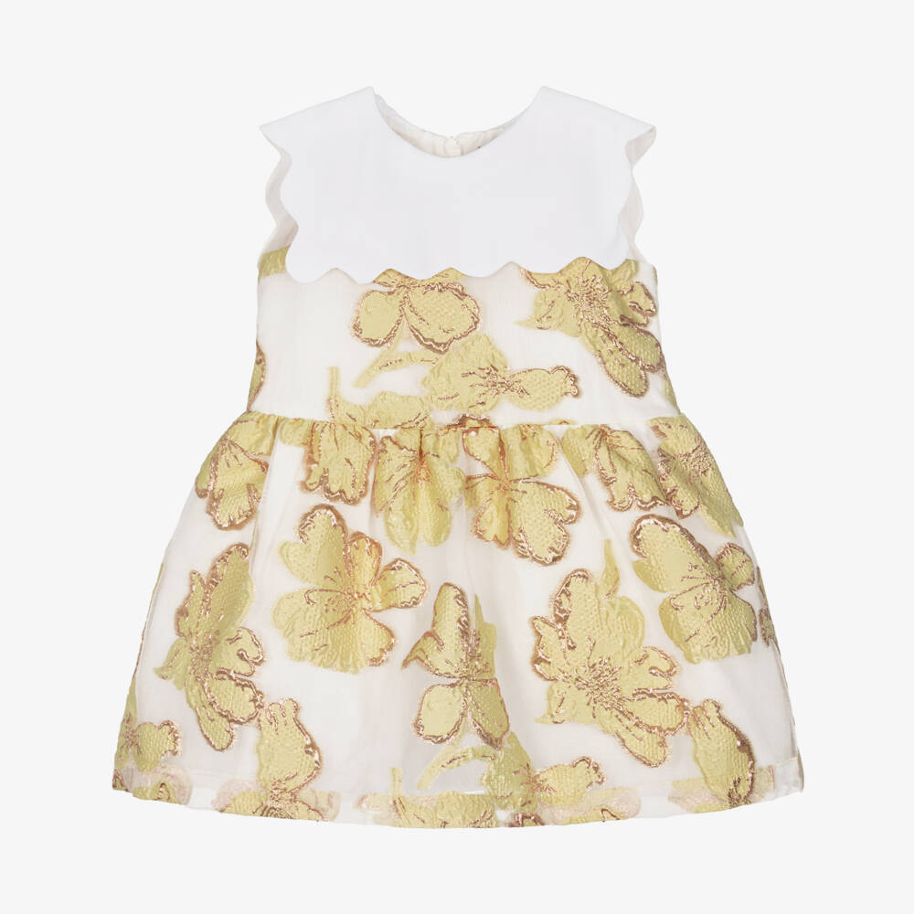 Hucklebones London-Girls Yellow & Gold Jacquard Floral Dress | Childrensalon