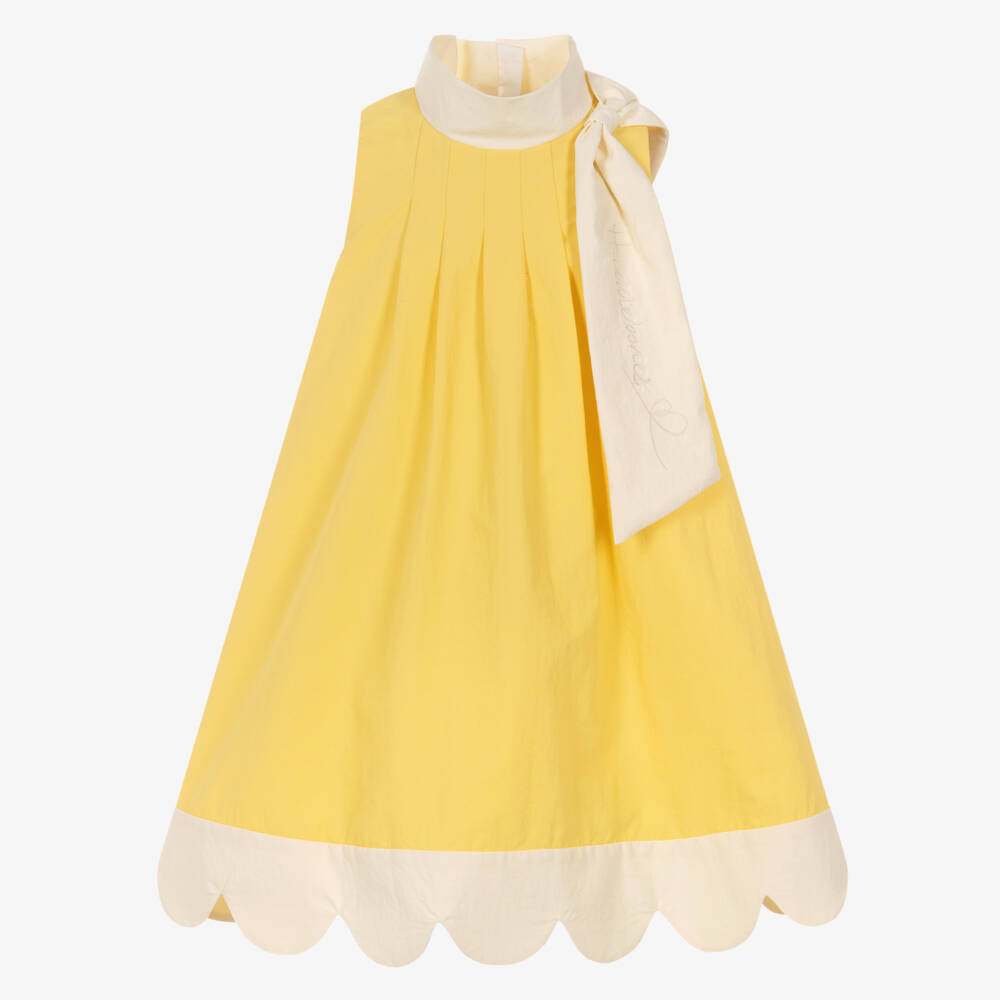 Hucklebones London-Girls Yellow Sleeveless Dress with Scalloped Hem | Childrensalon