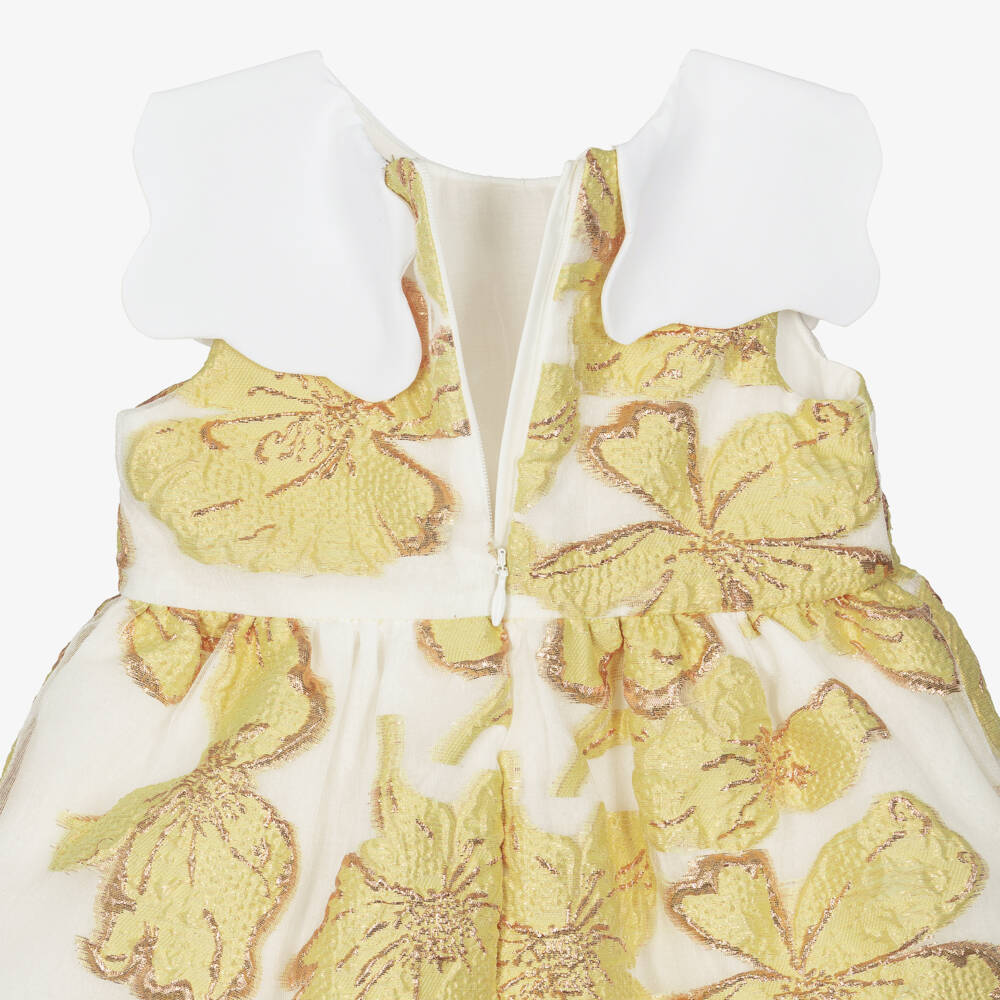 Hucklebones London-Baby Girls Yellow & Gold Jacquard Floral Dress | Childrensalon