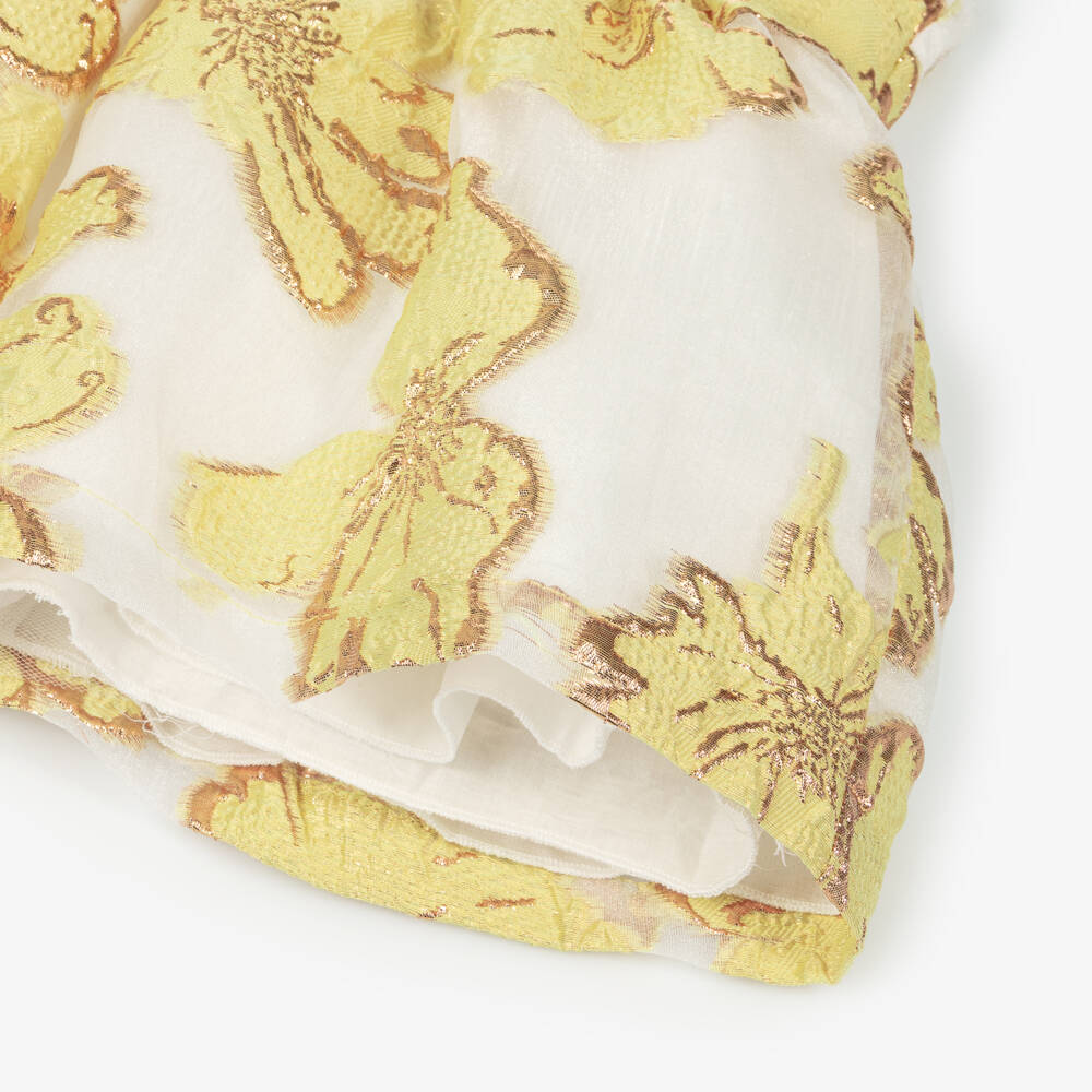 Hucklebones London-Baby Girls Yellow & Gold Jacquard Floral Dress | Childrensalon