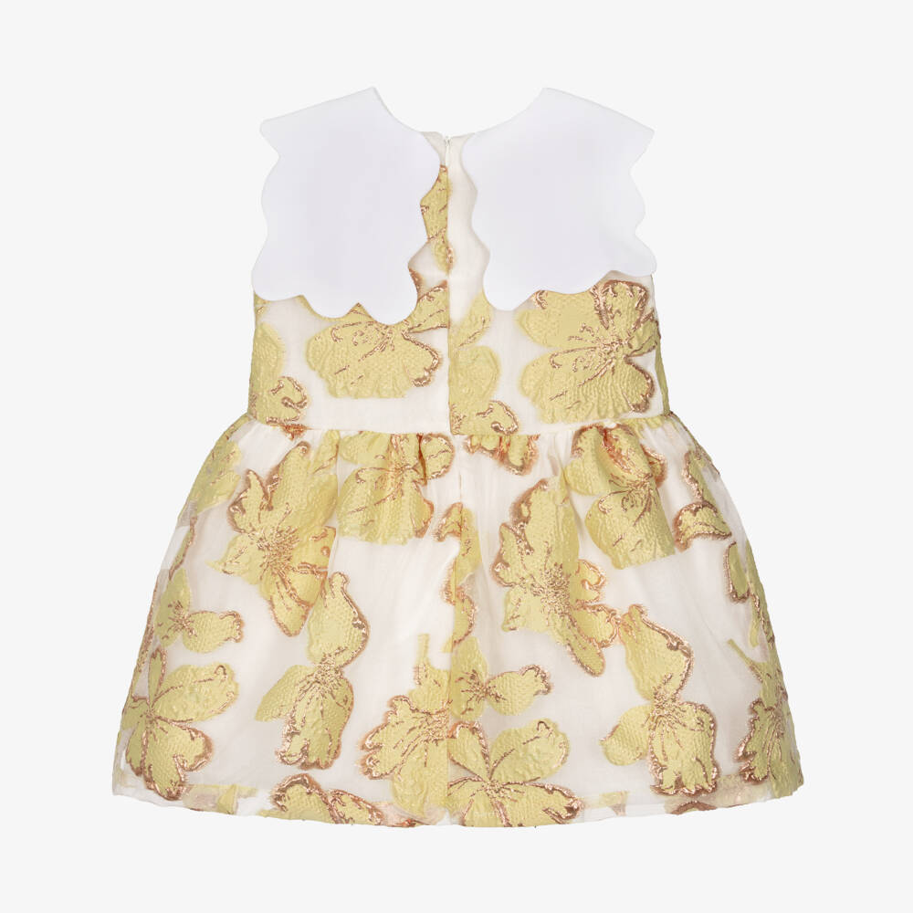 Hucklebones London-Girls Yellow & Gold Jacquard Floral Dress | Childrensalon